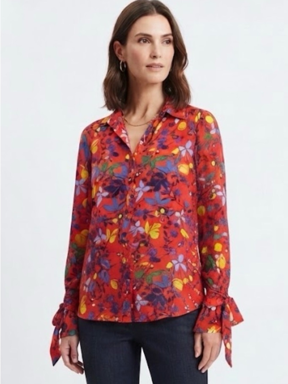 Anthropologie Red Floral Tie-Cuff Button-Down Blouse